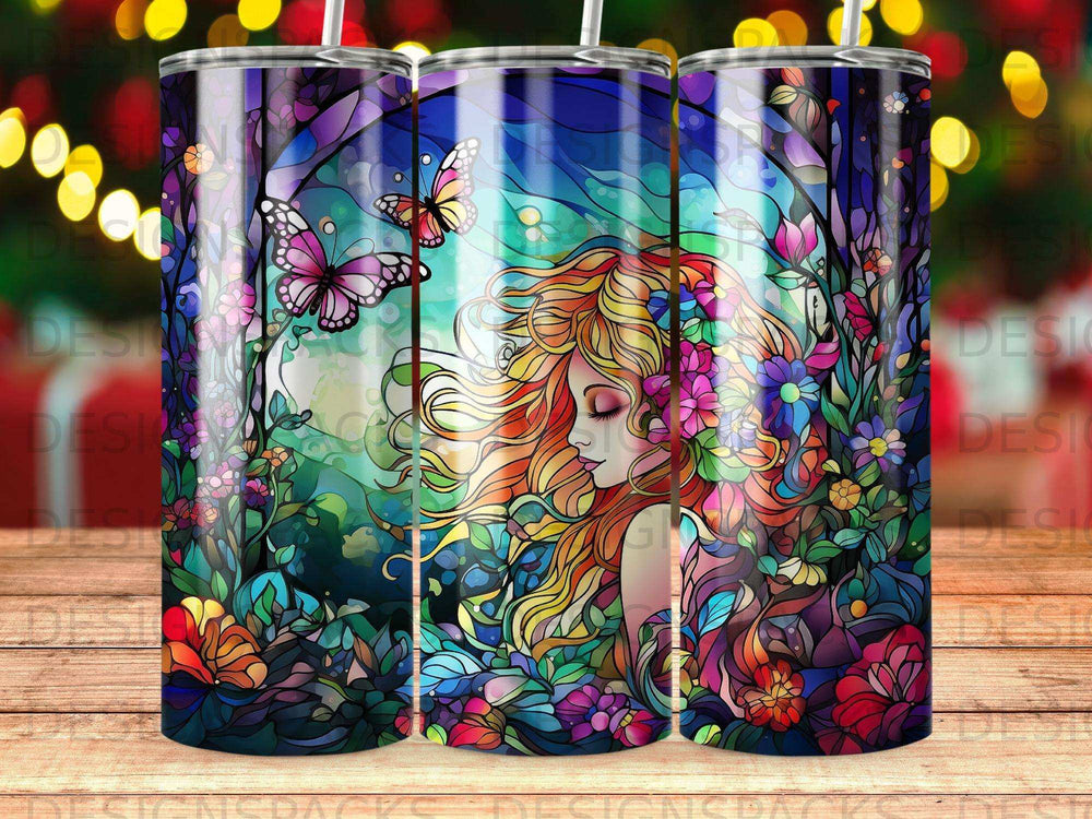 Fantasy woman with flowing blonde hair surrounded by colorful flowers and butterflies.