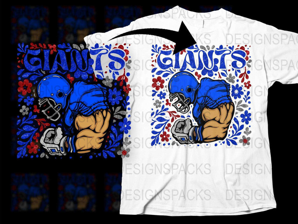 Vintage Giants Football Helmet Floral Design T-Shirt, Retro Sports Fan Apparel, Blue and White Team Colors