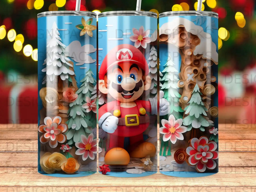 Mario character with trees and flowers on a blue tumbler.