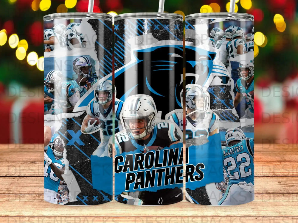 Carolina Panthers football team logo with players and jersey numbers.