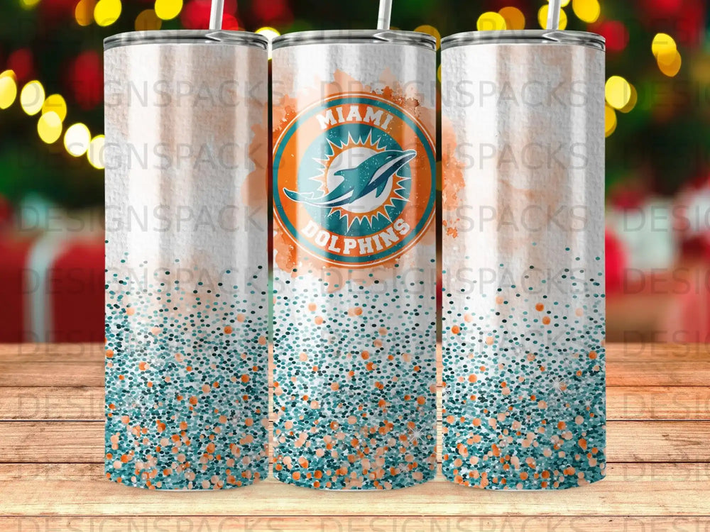 Miami Dolphins tumbler with glitter ombre and team logo.