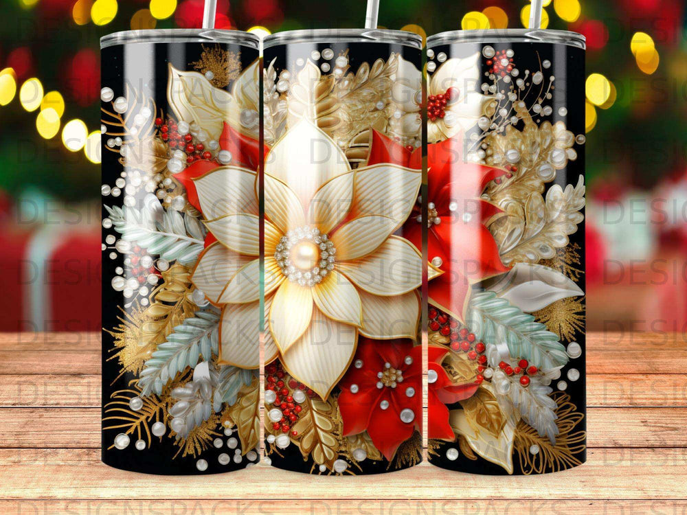Floral tumbler with red and white flowers, gold accents, and bokeh background.
