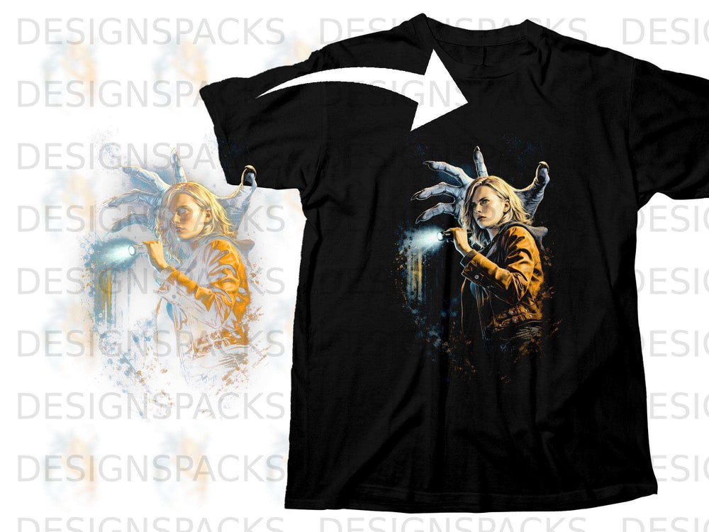Black t-shirt with graphic of a woman holding a flashlight, a large clawed hand behind her.