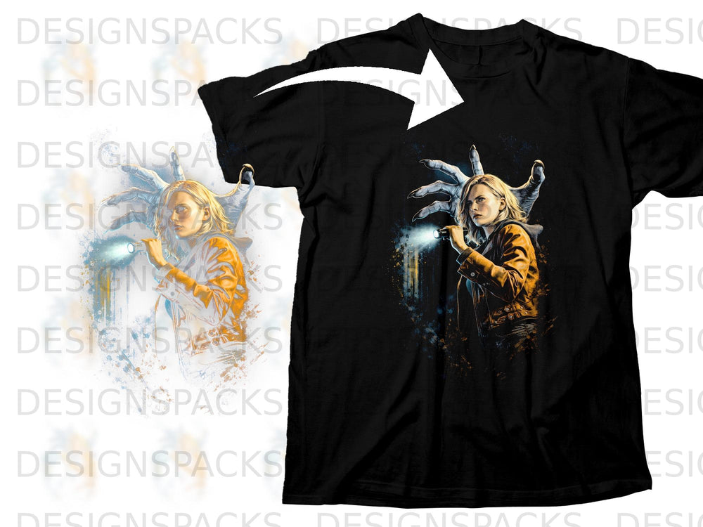 Black t-shirt with graphic of a woman holding a flashlight, a large clawed hand behind her.