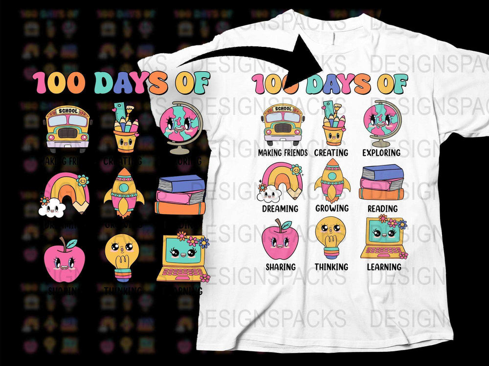 Kids Educational T-Shirt 100 Days of School Celebration Learning Themes Colorful Design