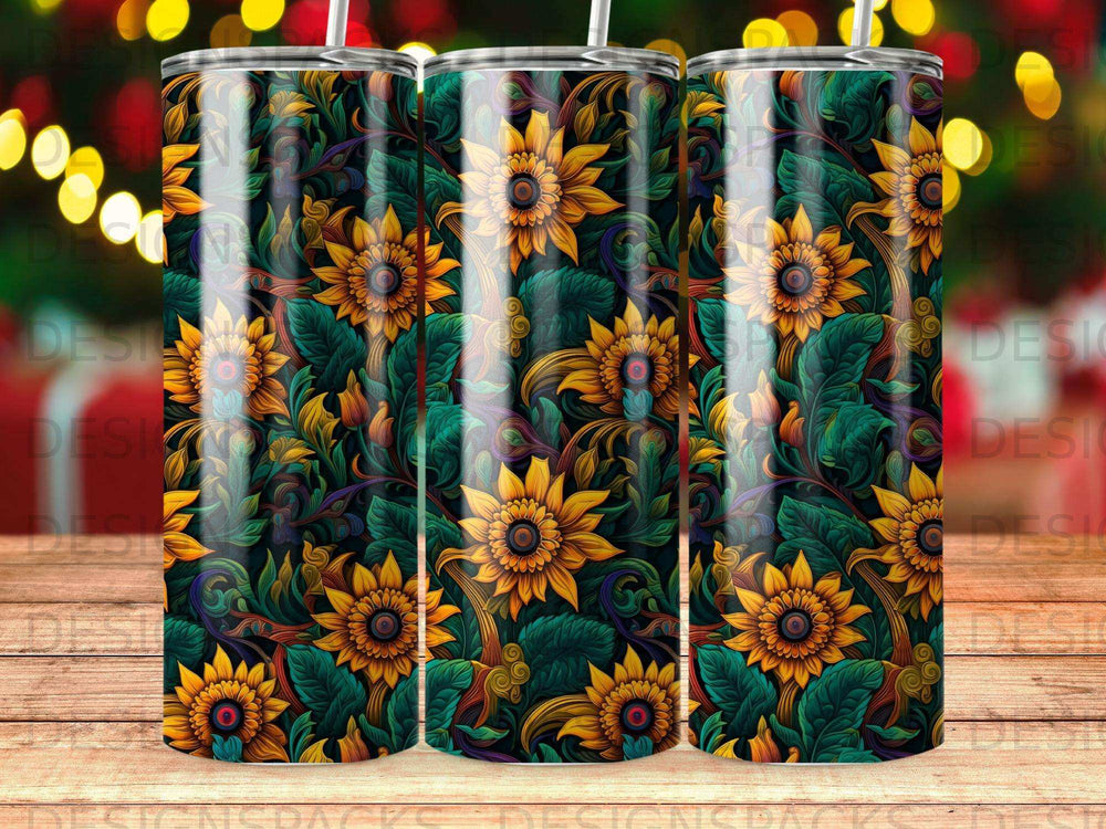 Sunflower pattern tumbler with leaves on a dark background.
