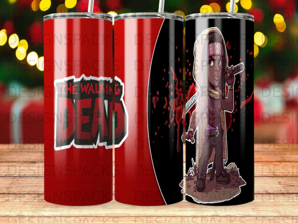 The Walking Dead tumbler with cartoon zombie character and blood splatters.