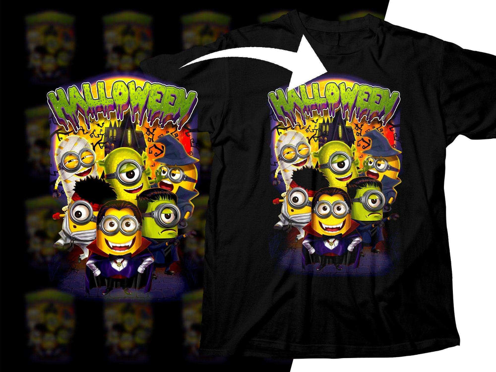 Halloween Minions design on black t-shirt, perfect for festive print-ready DTG or DTF bundles.