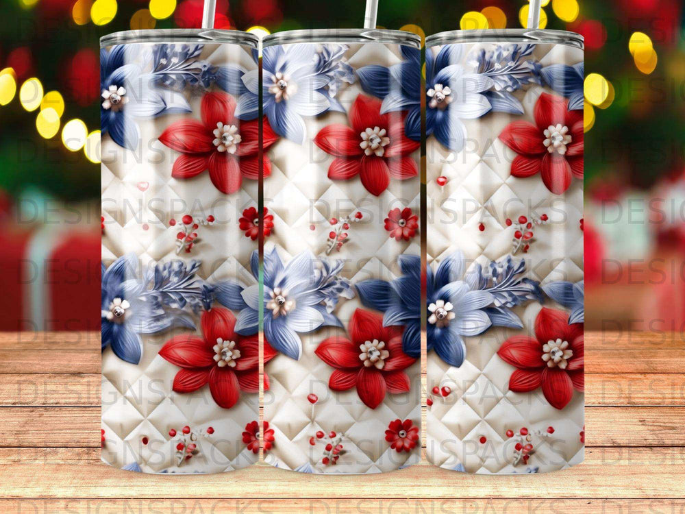 Quilted tumbler design with red and blue flowers and berries.