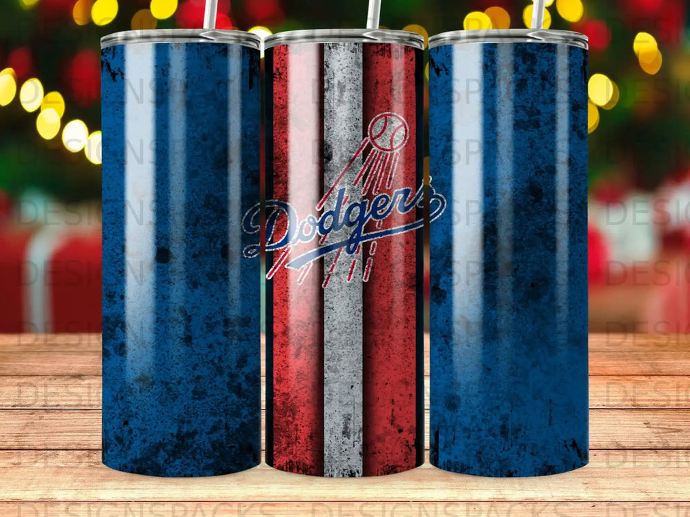 Dodgers tumbler with blue, red, and white stripes and logo.
