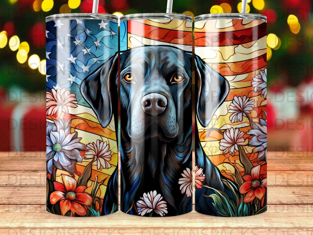 Black Labrador dog against American flag and floral background.