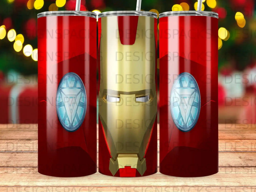 Three stainless steel tumblers with a red, white, and blue pattern.