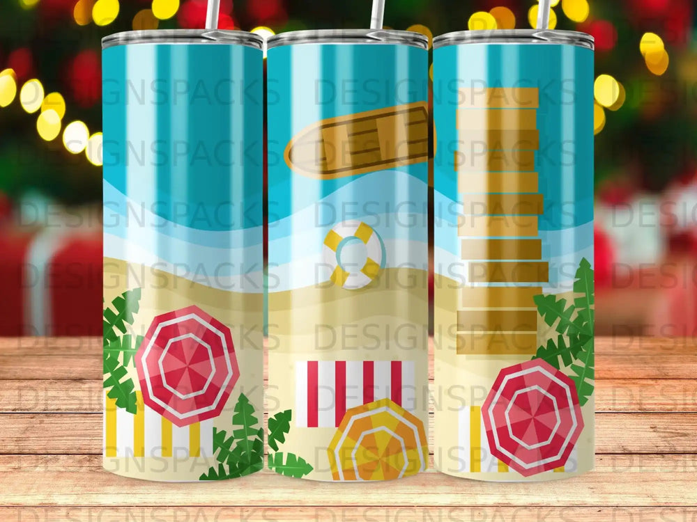 Beach scene tumbler wrap with umbrellas, towels, and beach chairs.