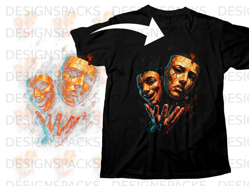 Black t-shirt with a graphic of two golden masks and a hand.