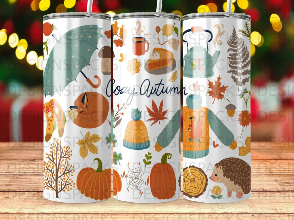 Cozy Autumn themed tumbler with pumpkins, leaves, and hedgehog.