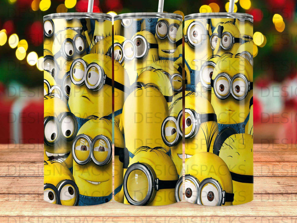 Minions characters covering a tumbler with straws and festive bokeh background.