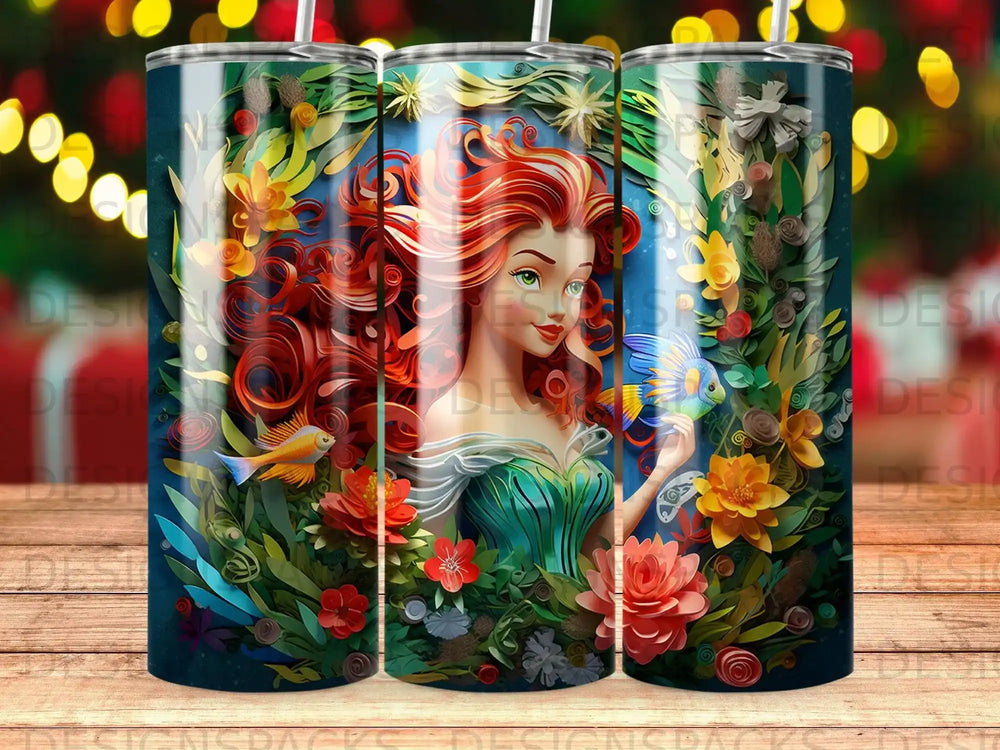 Mermaid with flowing red hair surrounded by colorful underwater plants and fish.