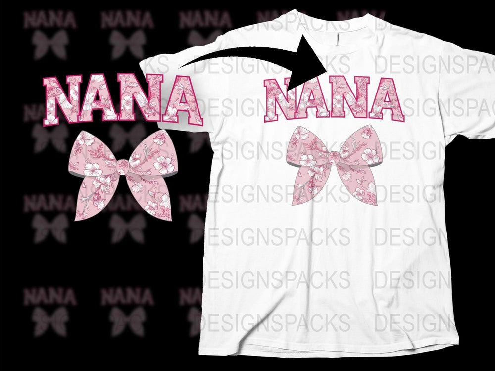 Nana Graphic T-Shirt with Pink Bow Pattern, Personalized Grandmother Gift, Family Tee, Custom Printed Women's White Shirt