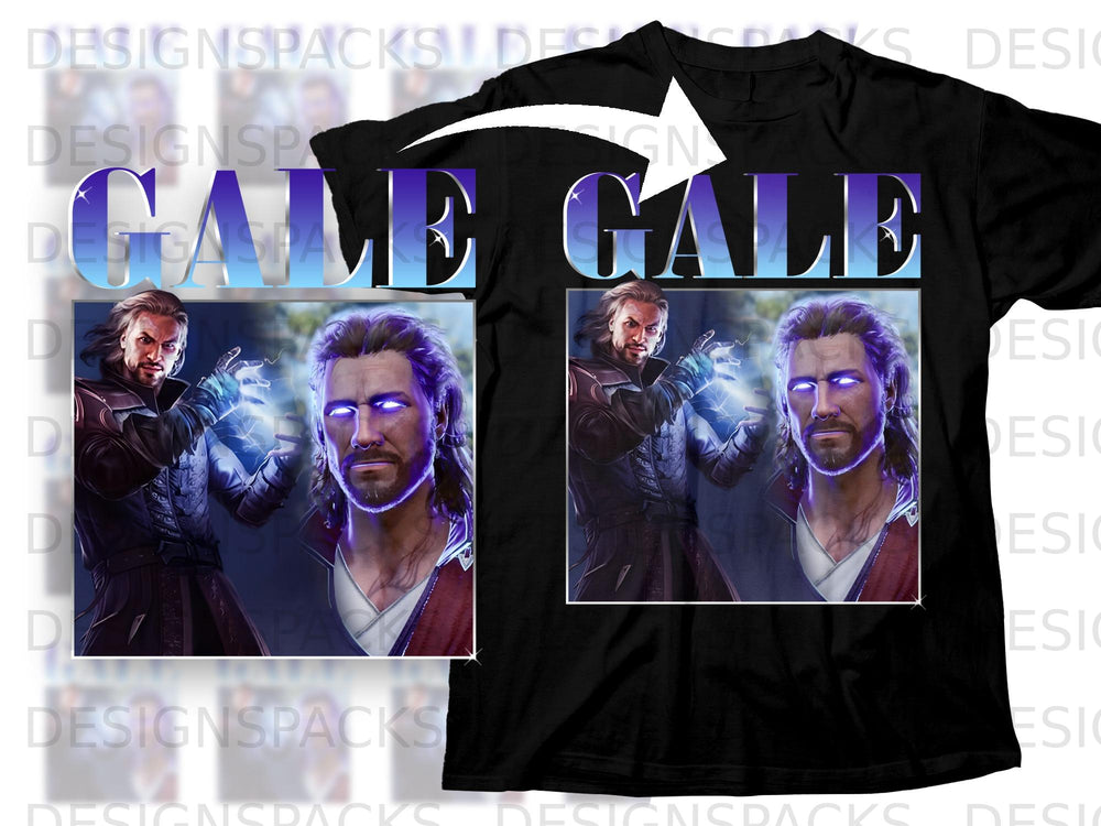 Black t-shirt mockup with "Gale" text and character art featuring a man with glowing purple eyes.