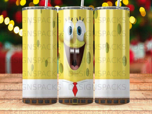 SpongeBob SquarePants character smiling on a yellow tumbler.