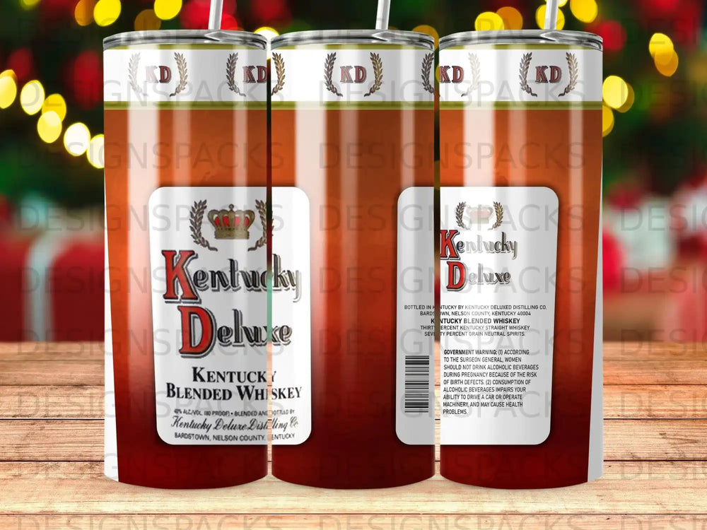 Kentucky Deluxe Blended Whiskey label with warning text on a tumbler.