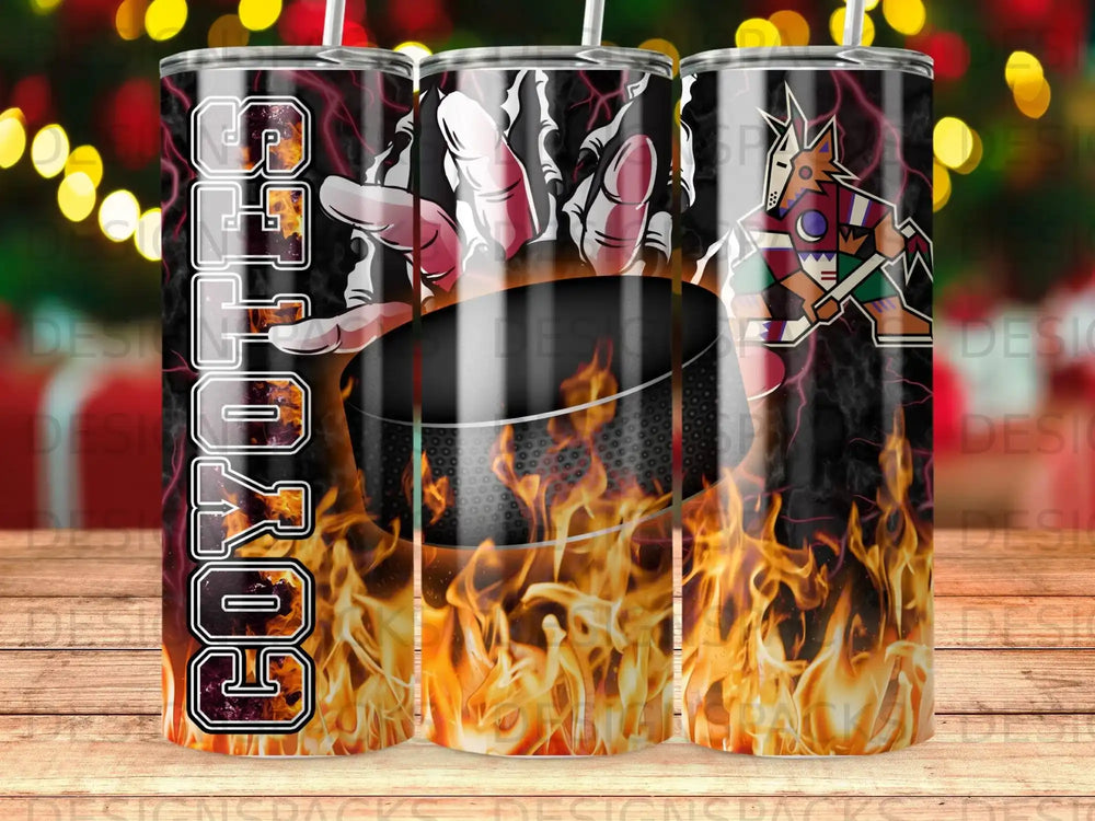 Arizona Coyotes logo on a tumbler with fiery background and lightning.
