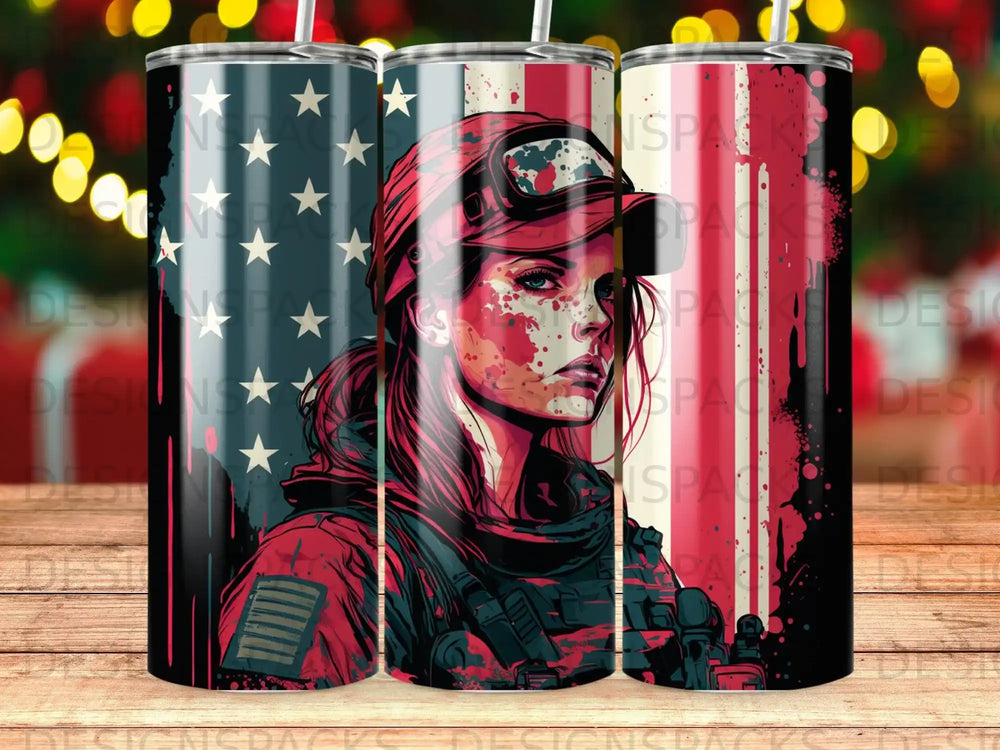 Woman in military gear with American flag background.
