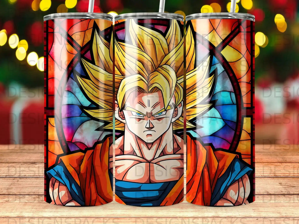 Goku from Dragon Ball Z in stained glass style against a blurred bokeh background.