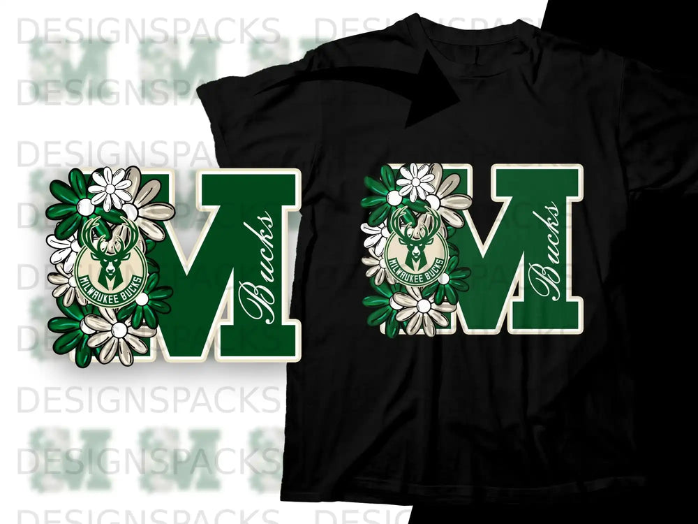 Milwaukee Bucks logo with flowers, on a black t-shirt.