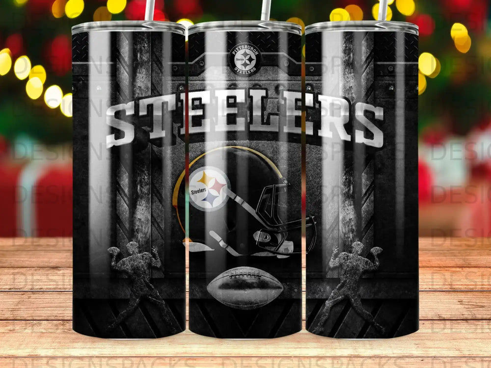 Pittsburgh Steelers helmet, football, and armored figures on a black tumbler.