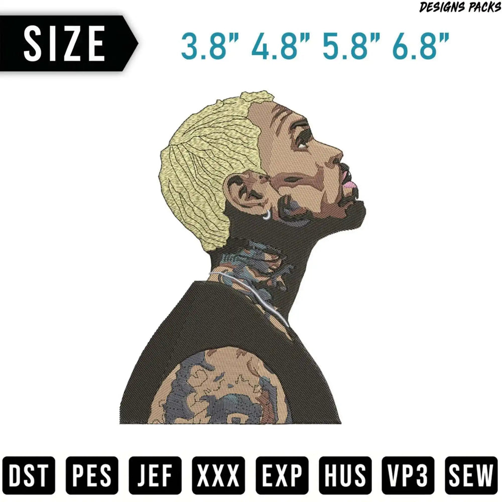 Embroidery design of Chris Brown in profile, with size options.