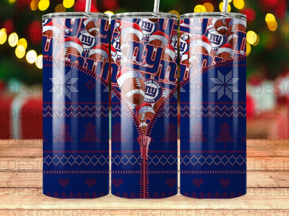 New York Giants football-themed tumbler with blue, red, and white pattern.