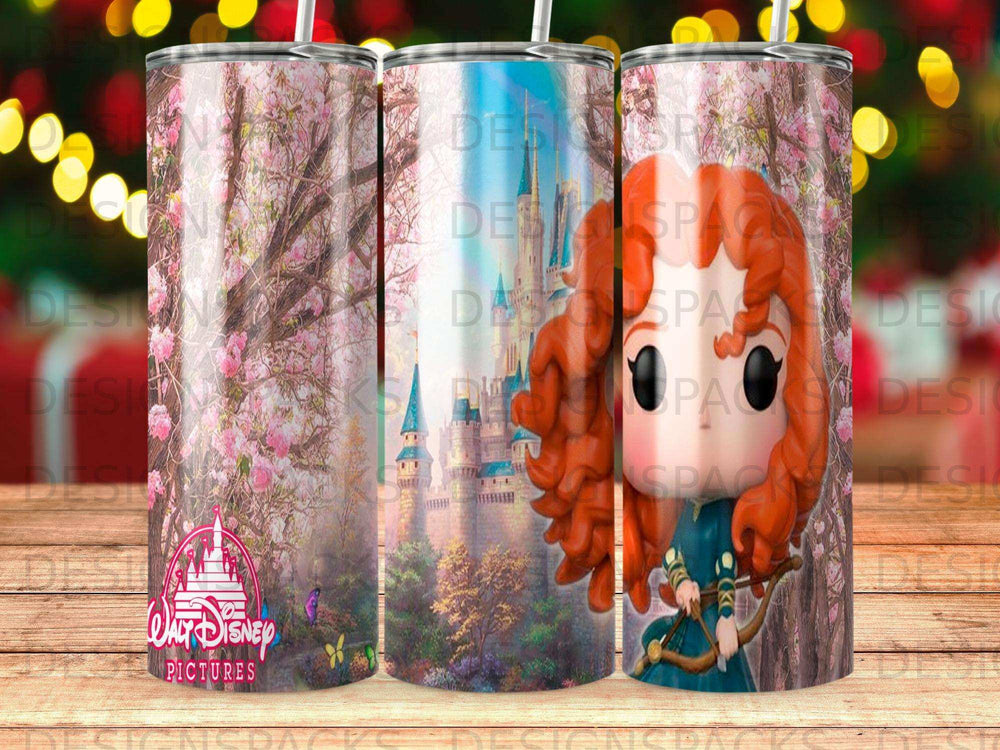 Merida from Disney Pixar's Brave with bow and arrow in front of a castle.