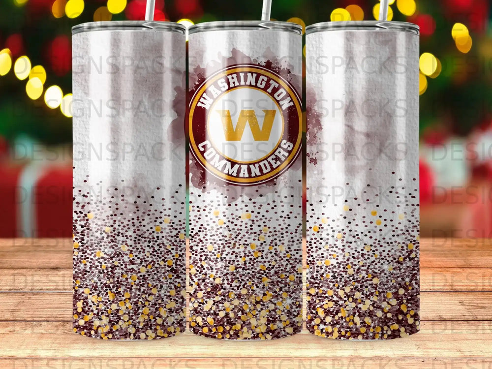 Washington Commanders tumbler with gold and maroon glitter and logo.