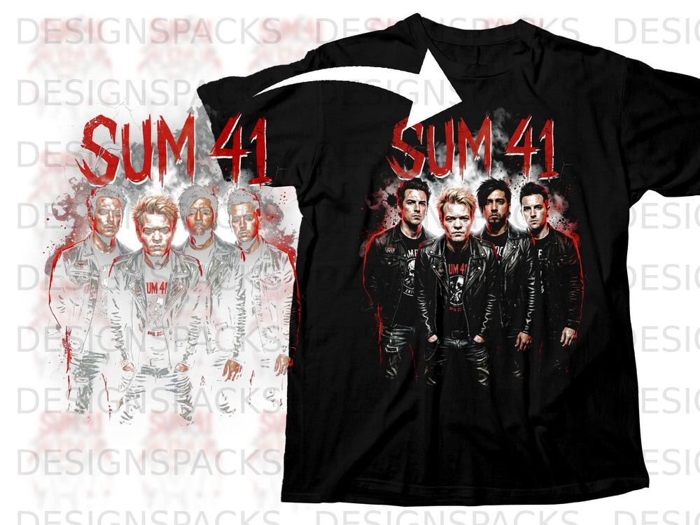 Black t-shirt with graphic of the band Sum 41 and red distressed text.