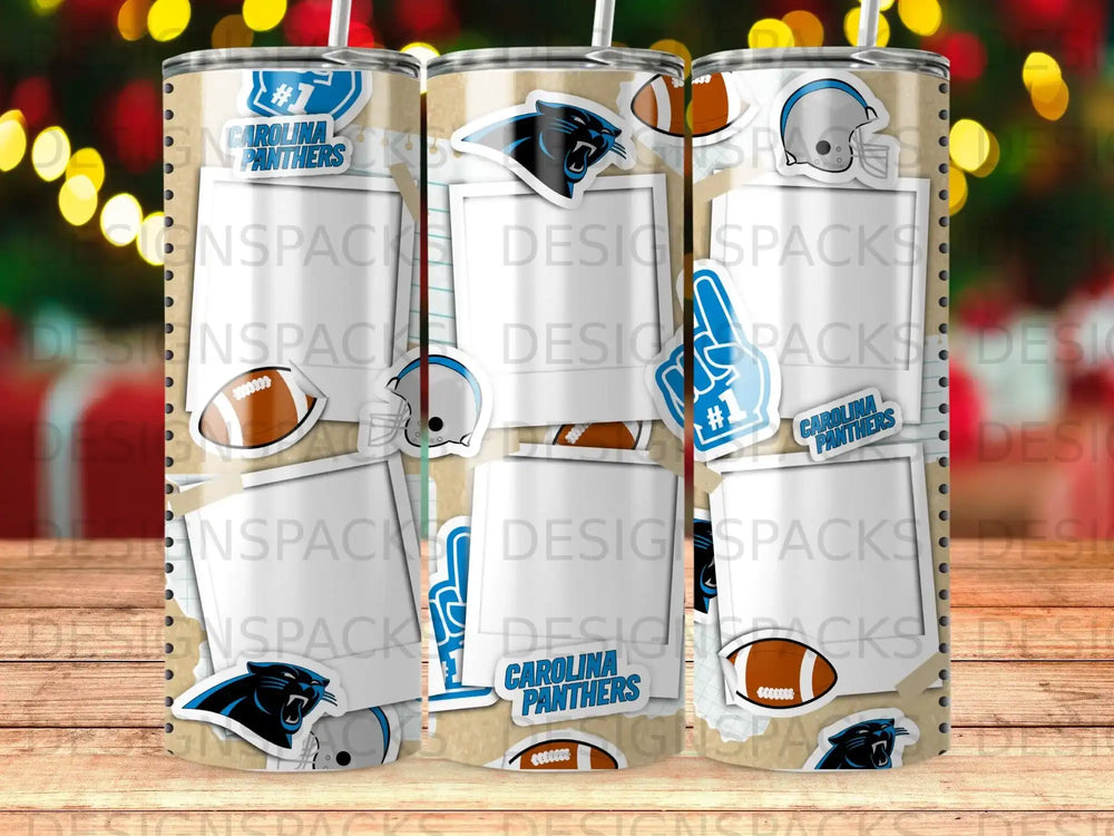 Carolina Panthers tumbler with football helmets and team logos.