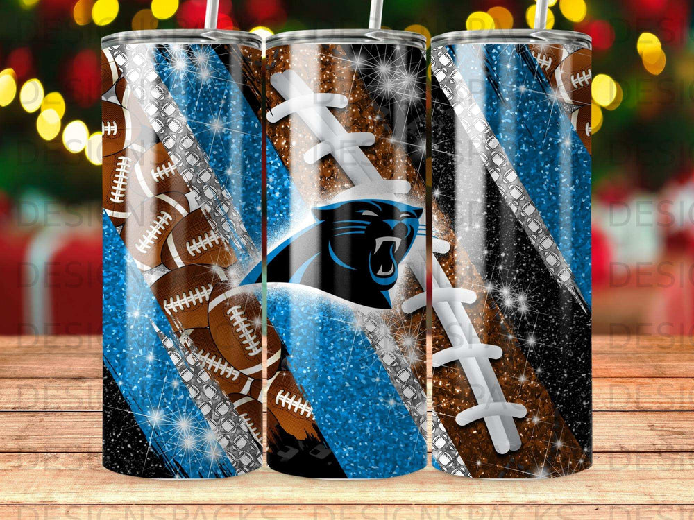 Football pattern tumbler with a black panther logo on a blue and brown glitter background.
