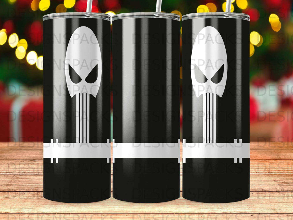 Black tumbler with white Punisher skull logo, repeating pattern in background.