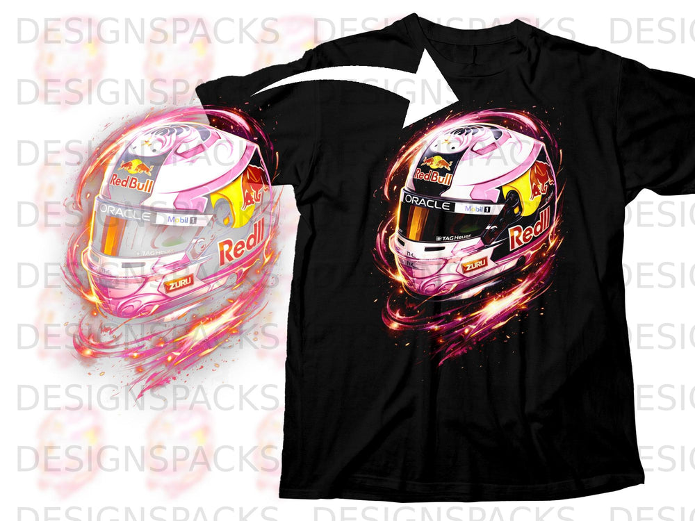 Black t-shirt with a graphic of a pink and white race helmet with Red Bull logos.