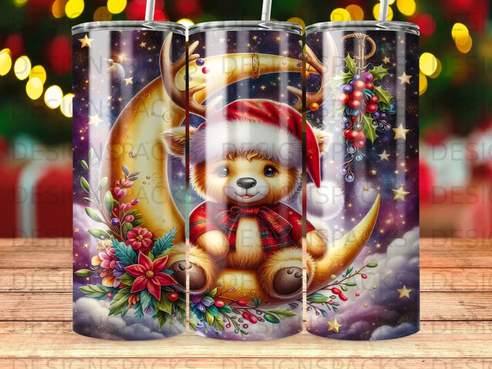 Teddy bear in Santa hat on crescent moon with festive floral accents.