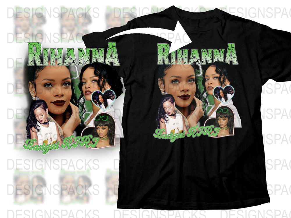Rihanna Inspired Graphic T-Shirt, Popstar Collage Art, Fan Merch, Music Icon Black Tee, Unique Gift Idea for Fans