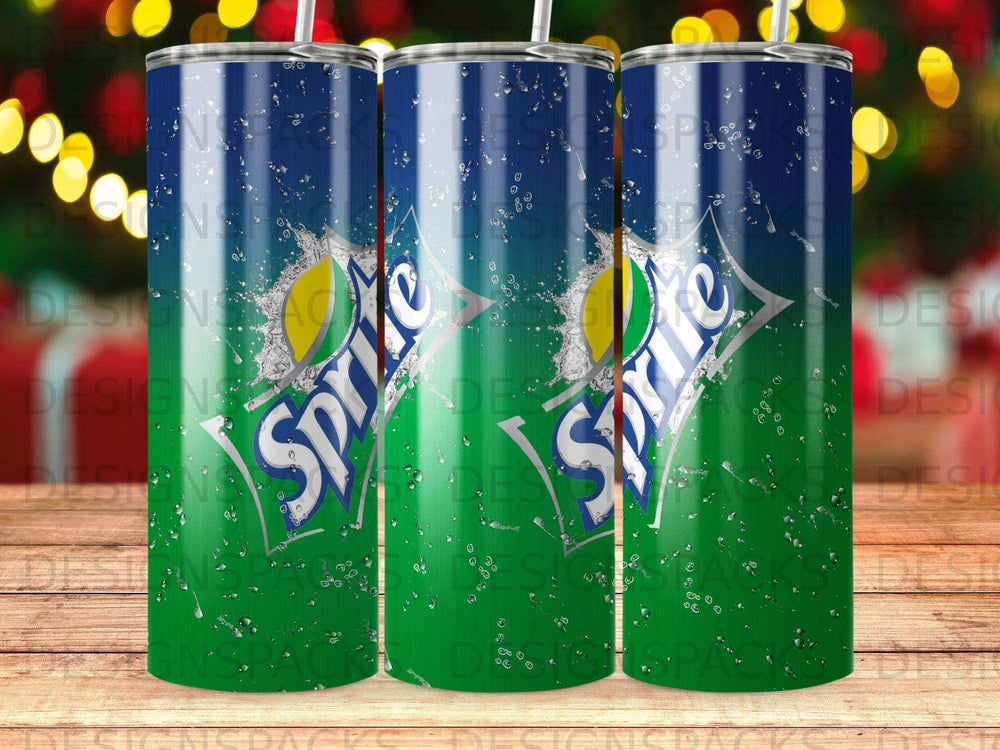 Sprite logo on a blue and green speckled tumbler with condensation.