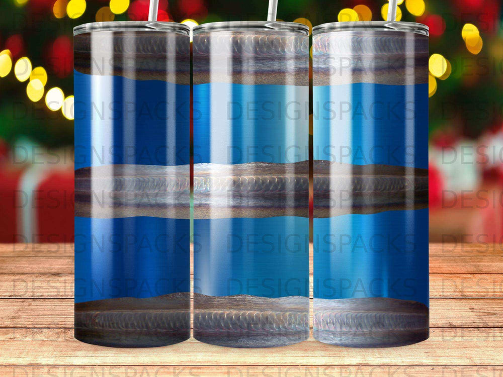Blue and gray striped tumbler with bokeh lights background.