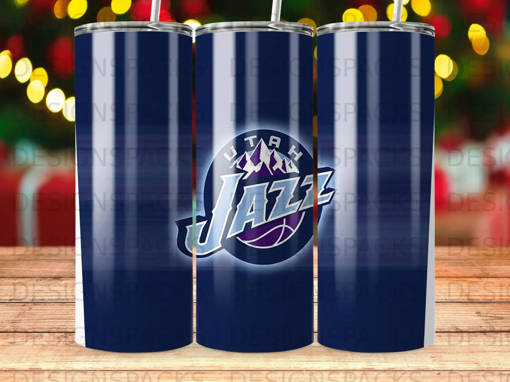 Utah Jazz NBA team logo on a blue and white striped tumbler.