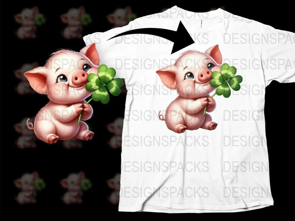 Cute Pig T-Shirt with Clover, Lucky Charm Graphic Tee, Fun Animal Design Shirt for All Ages