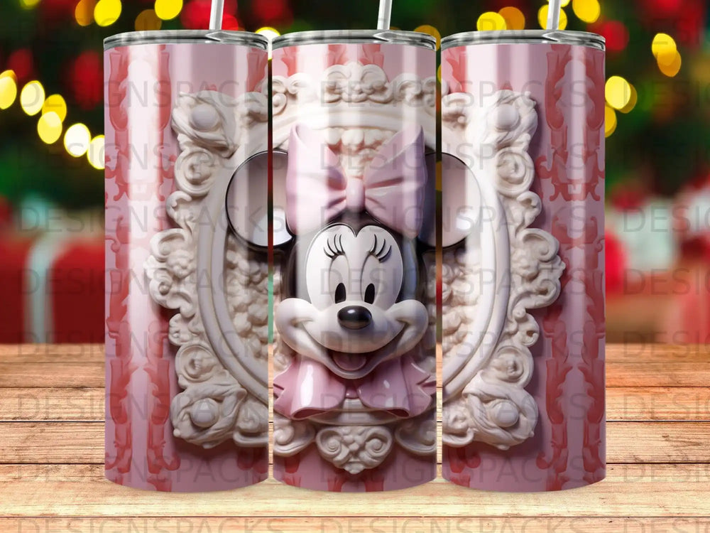 Minnie Mouse with pink bow and ornate frame on a pink striped tumbler.