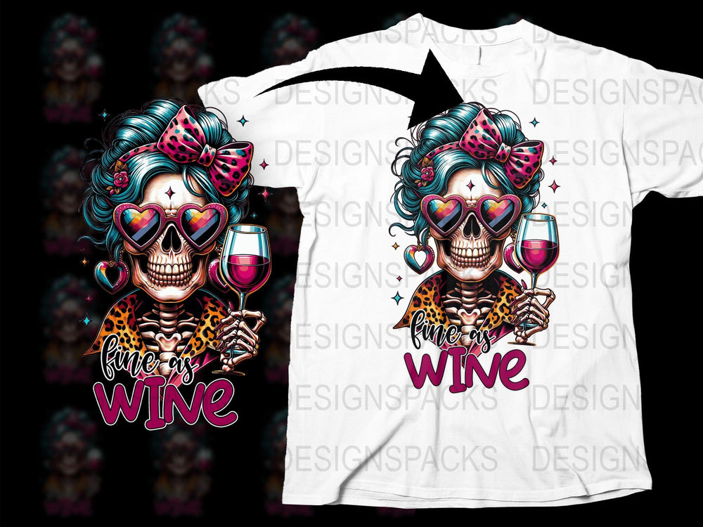 Colorful Wine Lover T-Shirt, Skeleton Graphic, Heart Sunglasses, Unique Wine Design Tee