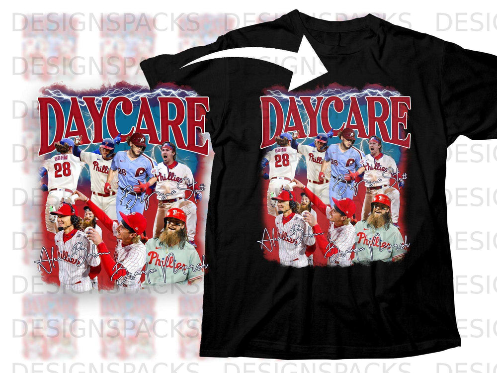 Black t-shirt with "DAYCARE" text and collage of Philadelphia Phillies players.