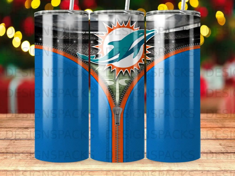 Miami Dolphins logo with zipper design on a tumbler.