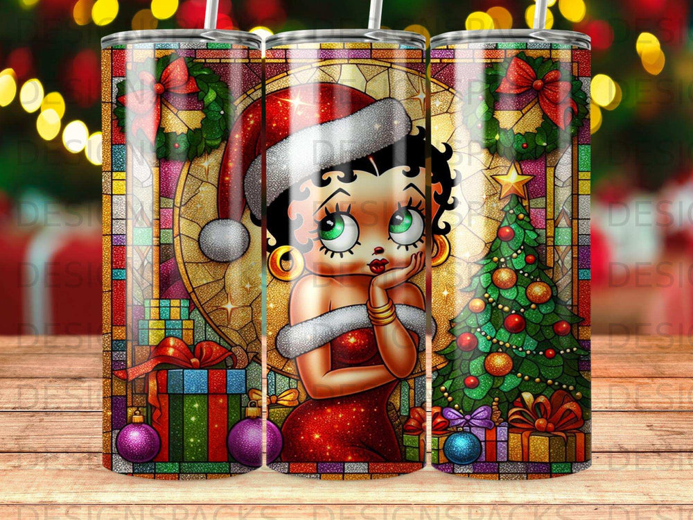 Betty Boop in Santa hat with Christmas tree and gifts, stained glass style.